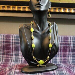 Green Clay and Glass Clover Beaded Necklace Earring Set